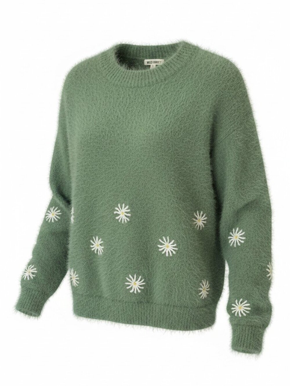 Wild Honey Green Fuzzy Daisy Crewneck Sweater  - Size Medium